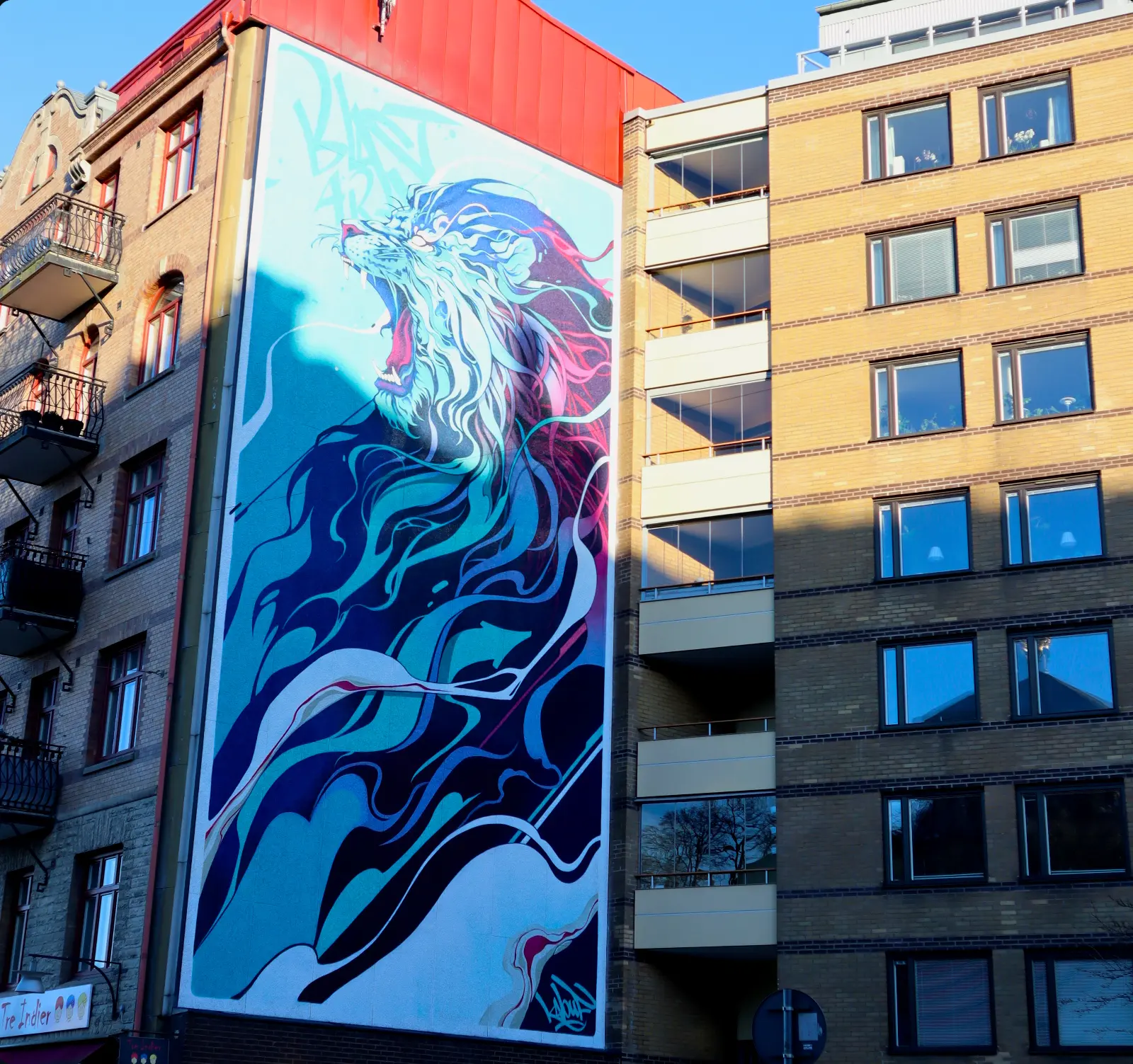 Byggnad på Övre husargatan i Göteborg. En muralmålning av ett lejon på väggen